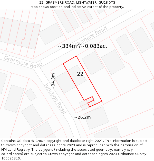 22, GRASMERE ROAD, LIGHTWATER, GU18 5TG: Plot and title map