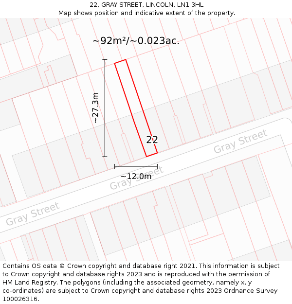 22, GRAY STREET, LINCOLN, LN1 3HL: Plot and title map