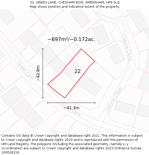 22, GREEN LANE, CHESHAM BOIS, AMERSHAM, HP6 5LQ: Plot and title map