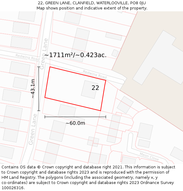 22, GREEN LANE, CLANFIELD, WATERLOOVILLE, PO8 0JU: Plot and title map