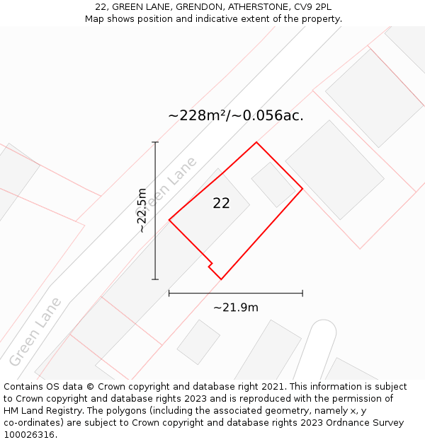 22, GREEN LANE, GRENDON, ATHERSTONE, CV9 2PL: Plot and title map