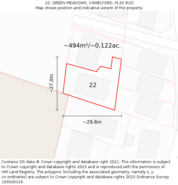 22, GREEN MEADOWS, CAMELFORD, PL32 9UD: Plot and title map