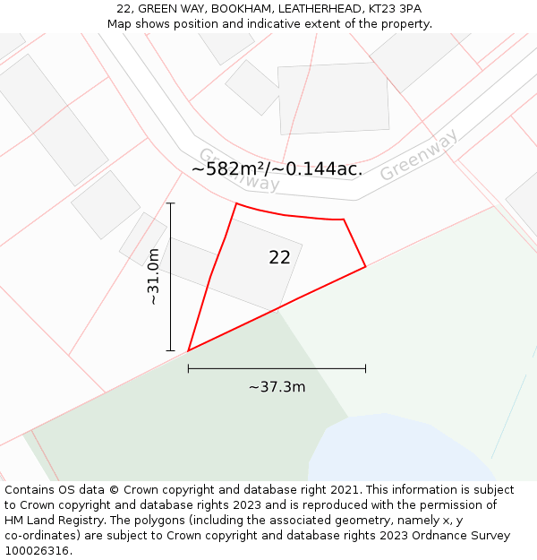 22, GREEN WAY, BOOKHAM, LEATHERHEAD, KT23 3PA: Plot and title map
