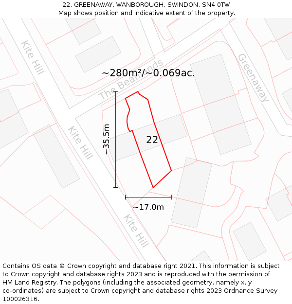 22, GREENAWAY, WANBOROUGH, SWINDON, SN4 0TW: Plot and title map