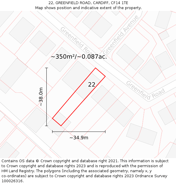 22, GREENFIELD ROAD, CARDIFF, CF14 1TE: Plot and title map