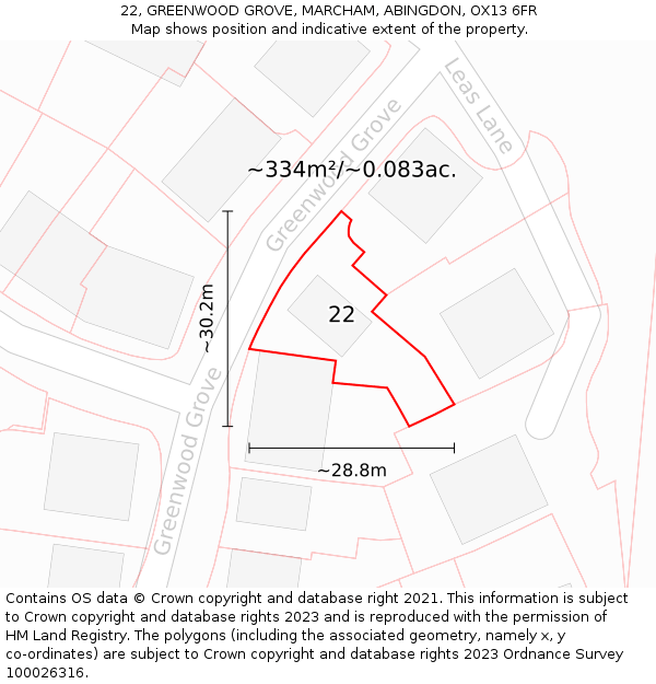 22, GREENWOOD GROVE, MARCHAM, ABINGDON, OX13 6FR: Plot and title map