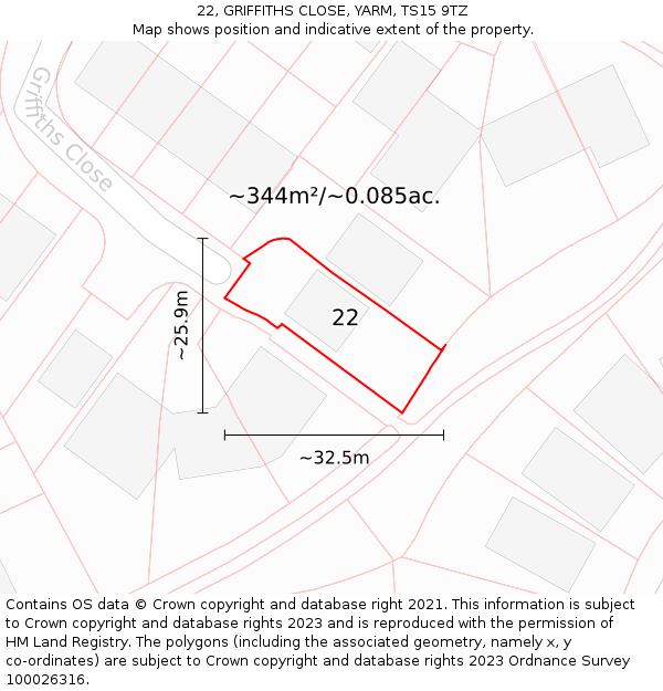 22, GRIFFITHS CLOSE, YARM, TS15 9TZ: Plot and title map