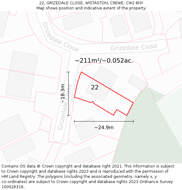 22, GRIZEDALE CLOSE, WISTASTON, CREWE, CW2 8NY: Plot and title map