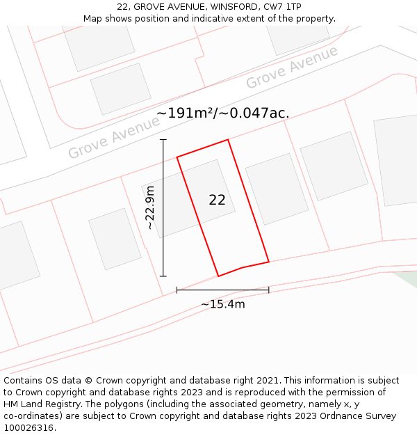 22, GROVE AVENUE, WINSFORD, CW7 1TP: Plot and title map