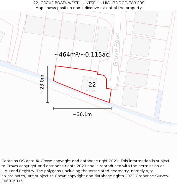 22, GROVE ROAD, WEST HUNTSPILL, HIGHBRIDGE, TA9 3RS: Plot and title map