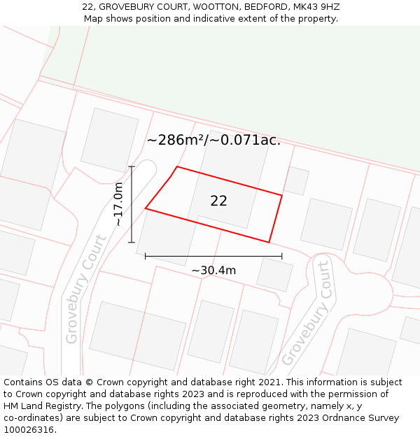 22, GROVEBURY COURT, WOOTTON, BEDFORD, MK43 9HZ: Plot and title map