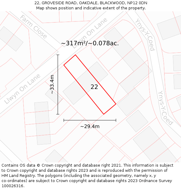 22, GROVESIDE ROAD, OAKDALE, BLACKWOOD, NP12 0DN: Plot and title map