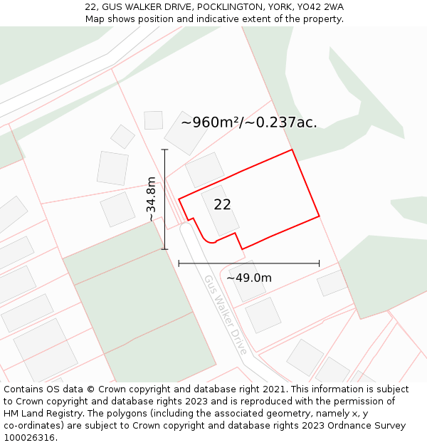 22, GUS WALKER DRIVE, POCKLINGTON, YORK, YO42 2WA: Plot and title map