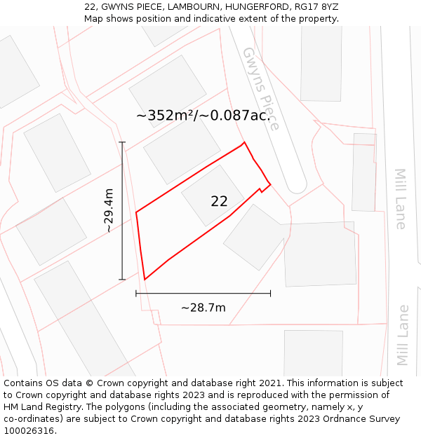 22, GWYNS PIECE, LAMBOURN, HUNGERFORD, RG17 8YZ: Plot and title map