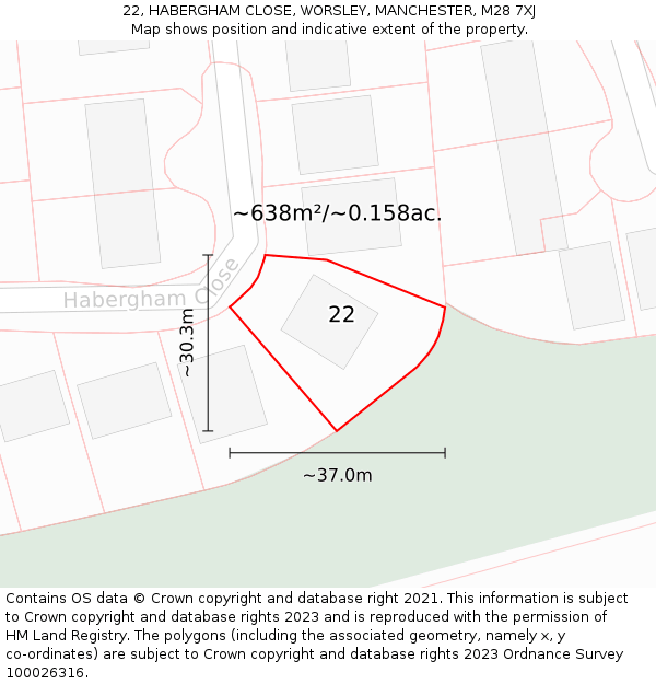 22, HABERGHAM CLOSE, WORSLEY, MANCHESTER, M28 7XJ: Plot and title map