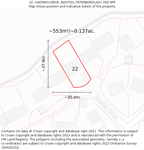 22, HADRIAN DRIVE, BASTON, PETERBOROUGH, PE6 9PP: Plot and title map