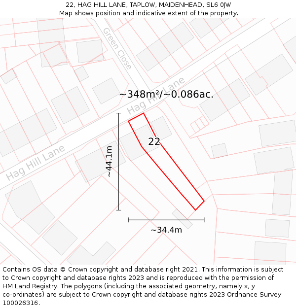 22, HAG HILL LANE, TAPLOW, MAIDENHEAD, SL6 0JW: Plot and title map