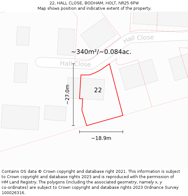 22, HALL CLOSE, BODHAM, HOLT, NR25 6PW: Plot and title map