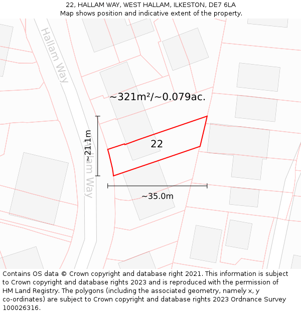 22, HALLAM WAY, WEST HALLAM, ILKESTON, DE7 6LA: Plot and title map