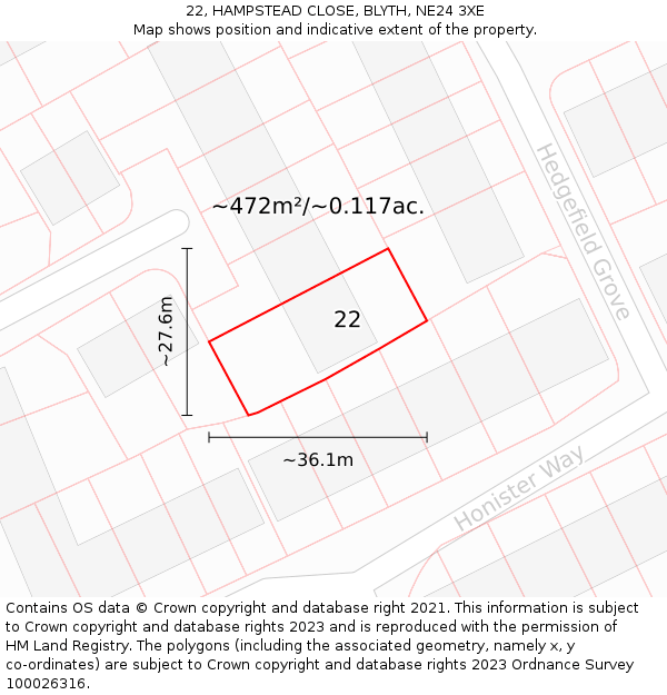 22, HAMPSTEAD CLOSE, BLYTH, NE24 3XE: Plot and title map