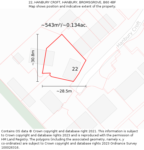 22, HANBURY CROFT, HANBURY, BROMSGROVE, B60 4BF: Plot and title map