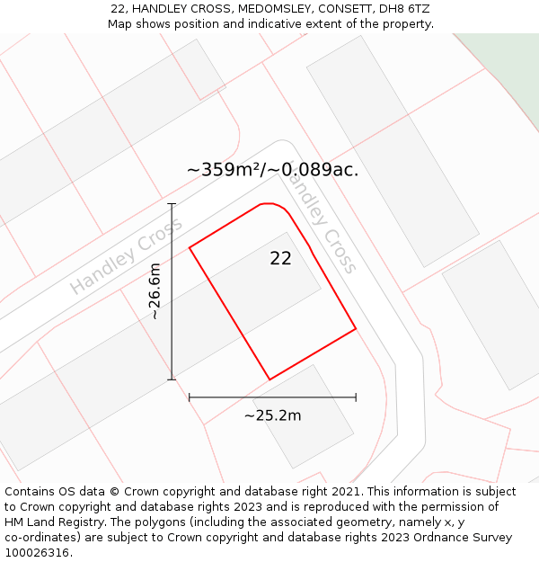 22, HANDLEY CROSS, MEDOMSLEY, CONSETT, DH8 6TZ: Plot and title map