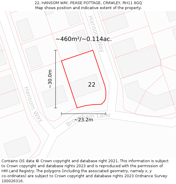 22, HANSOM WAY, PEASE POTTAGE, CRAWLEY, RH11 9GQ: Plot and title map