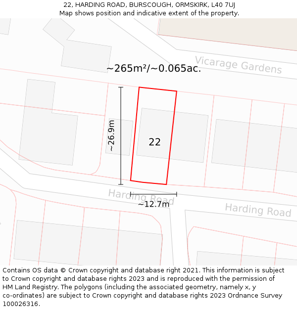 22, HARDING ROAD, BURSCOUGH, ORMSKIRK, L40 7UJ: Plot and title map