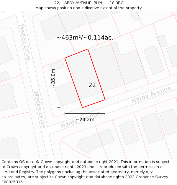 22, HARDY AVENUE, RHYL, LL18 3BG: Plot and title map