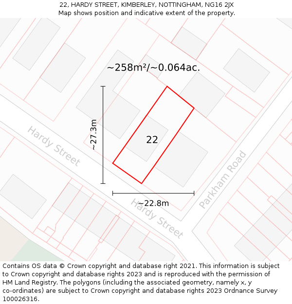 22, HARDY STREET, KIMBERLEY, NOTTINGHAM, NG16 2JX: Plot and title map