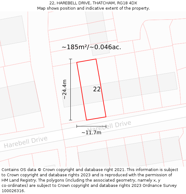 22, HAREBELL DRIVE, THATCHAM, RG18 4DX: Plot and title map