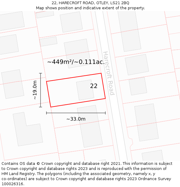 22, HARECROFT ROAD, OTLEY, LS21 2BQ: Plot and title map