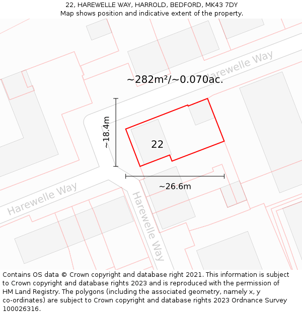 22, HAREWELLE WAY, HARROLD, BEDFORD, MK43 7DY: Plot and title map