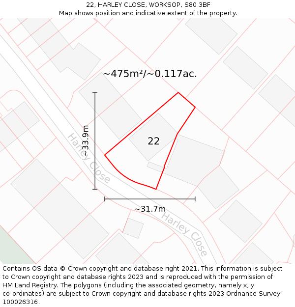 22, HARLEY CLOSE, WORKSOP, S80 3BF: Plot and title map