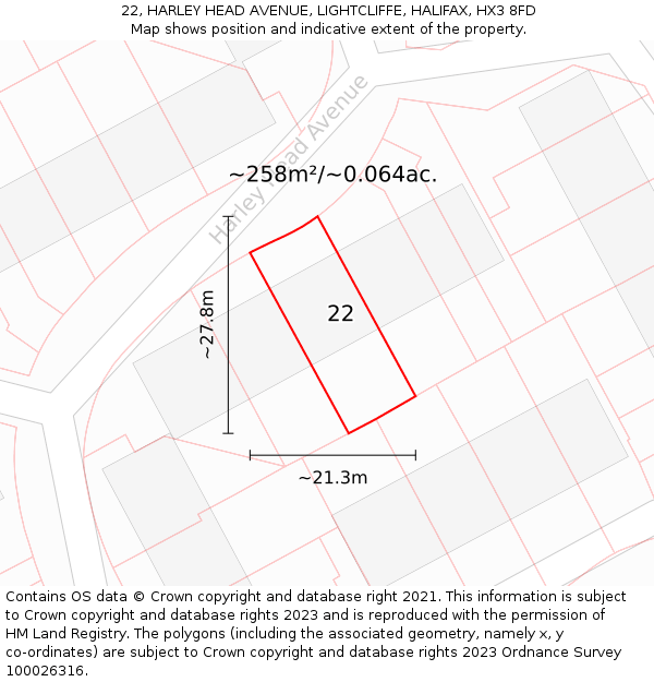 22, HARLEY HEAD AVENUE, LIGHTCLIFFE, HALIFAX, HX3 8FD: Plot and title map