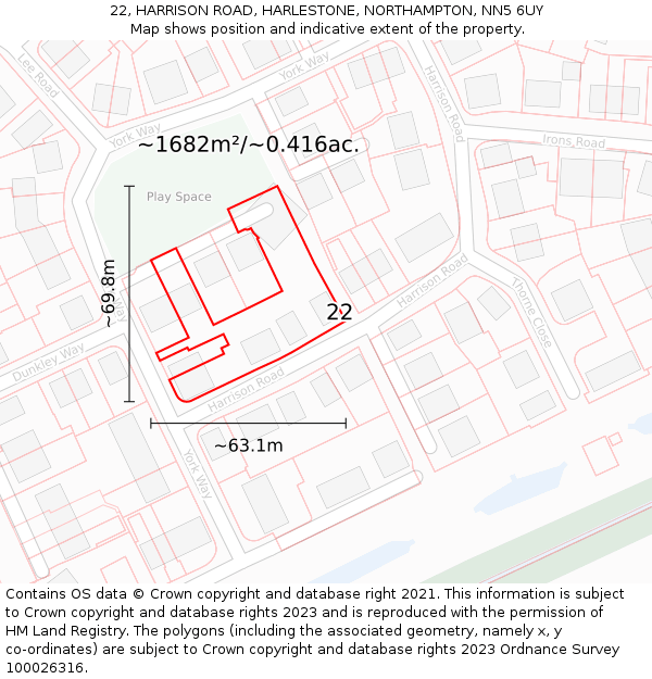 22, HARRISON ROAD, HARLESTONE, NORTHAMPTON, NN5 6UY: Plot and title map