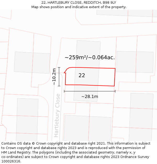 22, HARTLEBURY CLOSE, REDDITCH, B98 9LY: Plot and title map