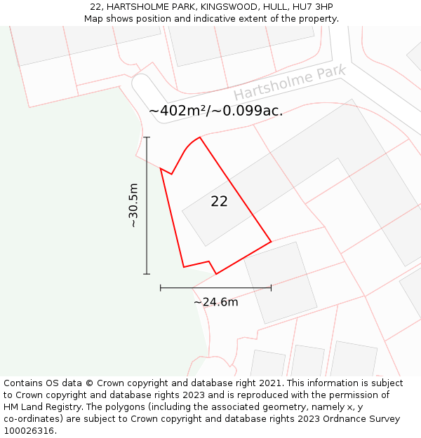 22, HARTSHOLME PARK, KINGSWOOD, HULL, HU7 3HP: Plot and title map