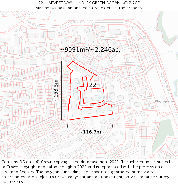 22, HARVEST WAY, HINDLEY GREEN, WIGAN, WN2 4GD: Plot and title map