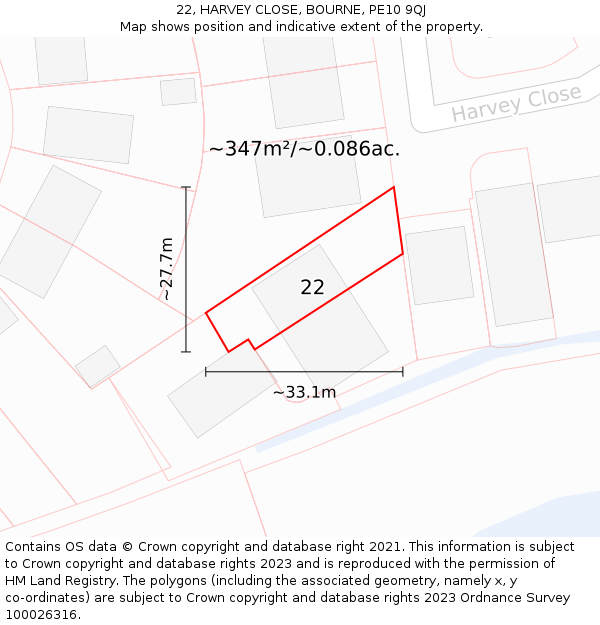 22, HARVEY CLOSE, BOURNE, PE10 9QJ: Plot and title map