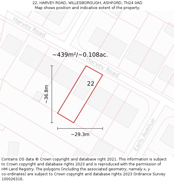 22, HARVEY ROAD, WILLESBOROUGH, ASHFORD, TN24 0AD: Plot and title map