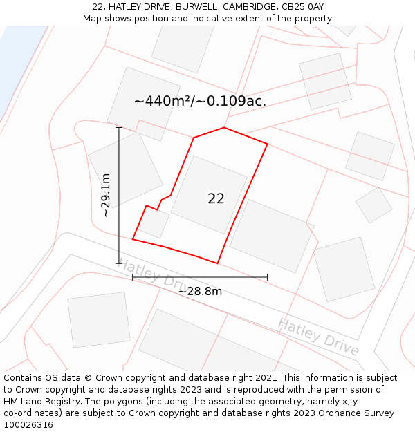 22, HATLEY DRIVE, BURWELL, CAMBRIDGE, CB25 0AY: Plot and title map