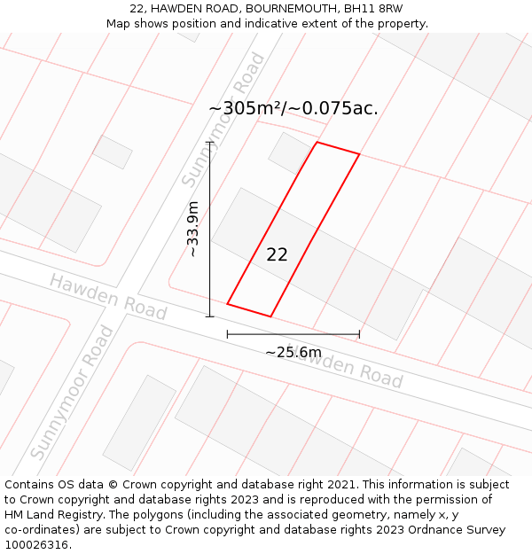 22, HAWDEN ROAD, BOURNEMOUTH, BH11 8RW: Plot and title map