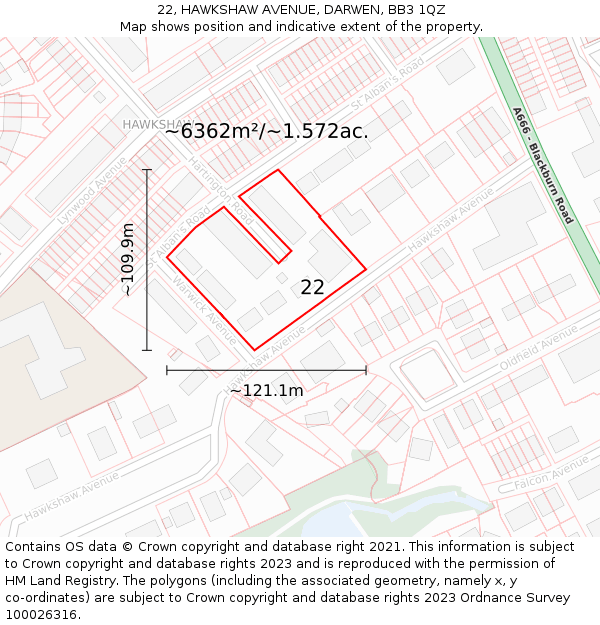 22, HAWKSHAW AVENUE, DARWEN, BB3 1QZ: Plot and title map