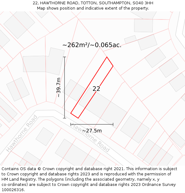 22, HAWTHORNE ROAD, TOTTON, SOUTHAMPTON, SO40 3HH: Plot and title map