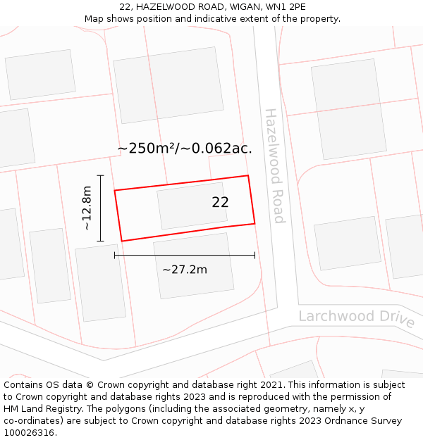 22, HAZELWOOD ROAD, WIGAN, WN1 2PE: Plot and title map