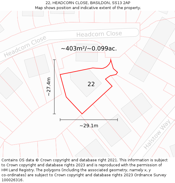 22, HEADCORN CLOSE, BASILDON, SS13 2AP: Plot and title map