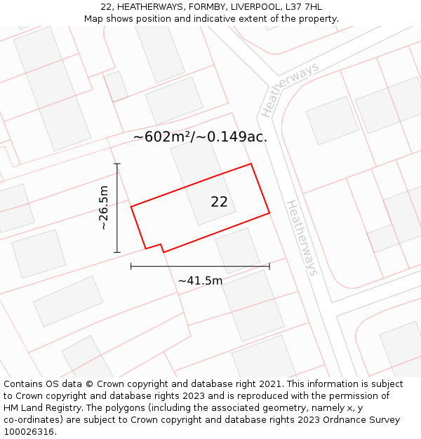 22, HEATHERWAYS, FORMBY, LIVERPOOL, L37 7HL: Plot and title map