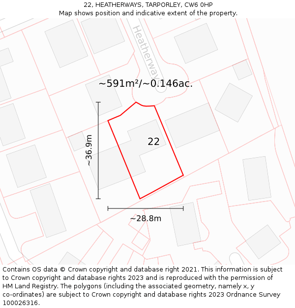 22, HEATHERWAYS, TARPORLEY, CW6 0HP: Plot and title map