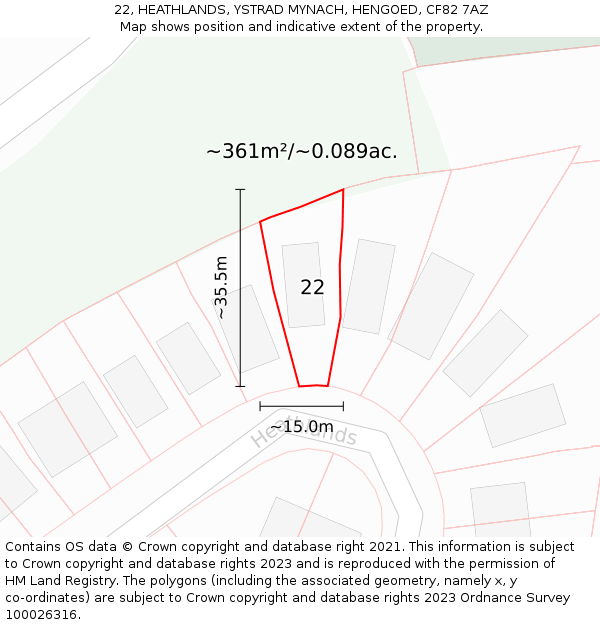 22, HEATHLANDS, YSTRAD MYNACH, HENGOED, CF82 7AZ: Plot and title map